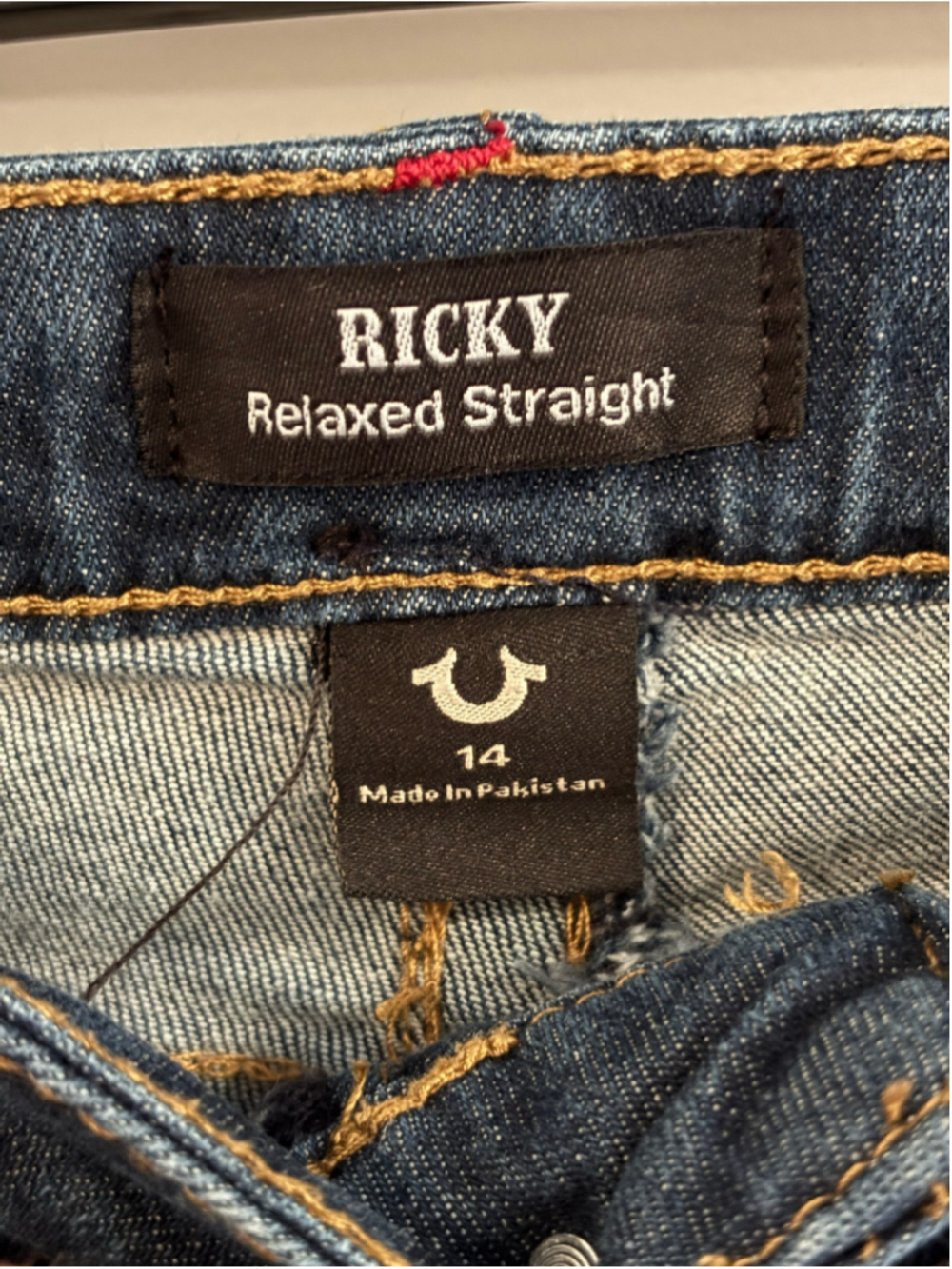 Men's True Religion Ricky Relaxed Straight Jeans, Size 14, Blue and Red - Picture 4 of 5
